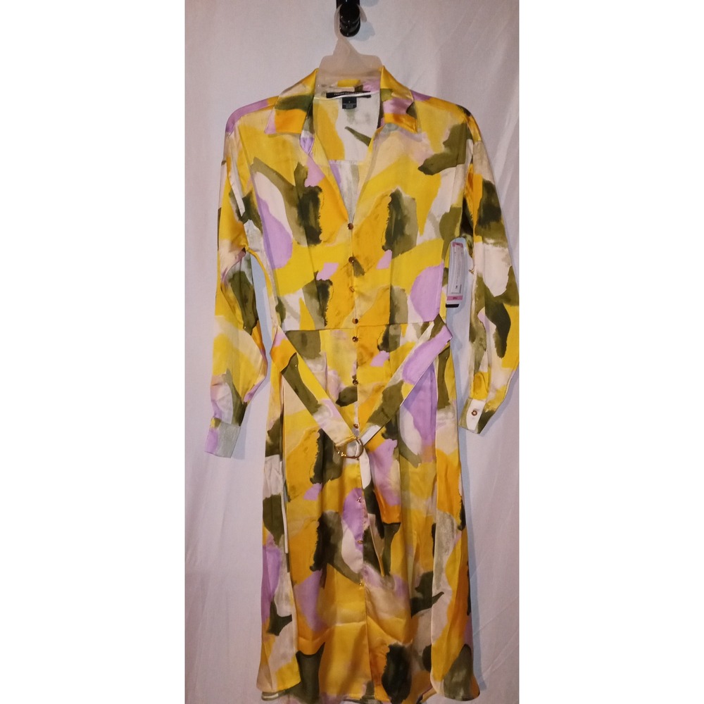 NWT French Connection Dress Small Belted Midi Shirt Abstract Print